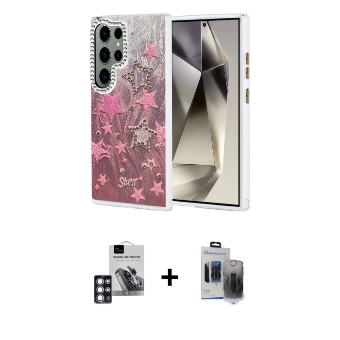 MARSİLYAN™- Galaxy S24 Ultra Kılıf Zirve Modern Prime - Siyah Vanessa Magic Hayalet Cam + PVD Metal Kamera Lens - PE