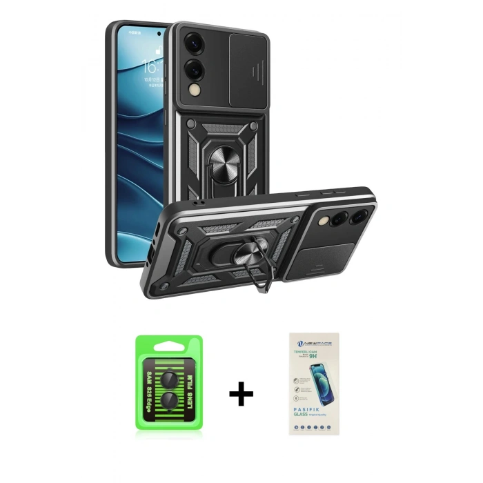 MARSİLYAN™- Galaxy S25 Edge Kılıf Ahenk Klasik - Şeffaf Pasifik Cam Ekran Koruyucu + Raze Metal Kamera Lens - SH