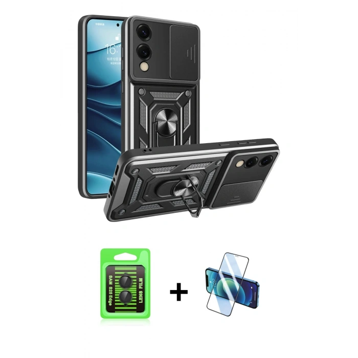 MARSİLYAN™- Galaxy S25 Edge Kılıf Ahenk Klasik - Siyah 3D Antistatik Seramik Nano Ekran Koruyucu + Raze Metal Kamera Lens - SH