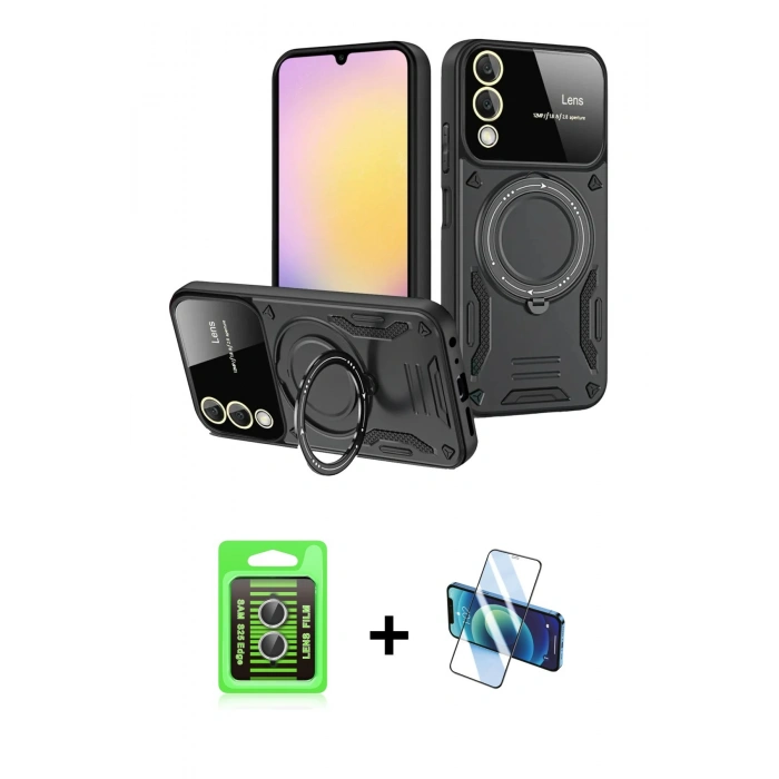 MARSİLYAN™- Galaxy S25 Edge Kılıf Kıvılcım Modern Serisi - Siyah 3D Antistatik Cam Ekran Koruyucu + Raze Metal Kamera Lens - GS