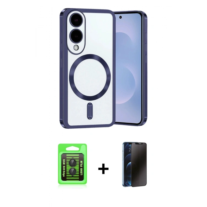MARSİLYAN™- Galaxy S25 Edge Kılıf Nova Işık Özel Seri - Siyah 3D Antistatik Hayalet Cam Ekran Koruyucu + Raze Metal Kamera Lens - SH