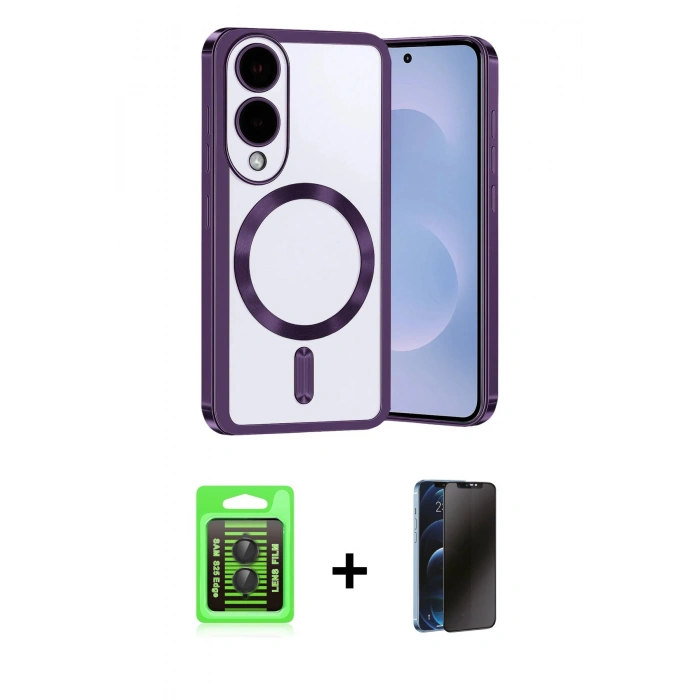 MARSİLYAN™- Galaxy S25 Edge Kılıf Nova Işık Özel Seri - Siyah 3D Antistatik Hayalet Cam Ekran Koruyucu + Raze Metal Kamera Lens - SH