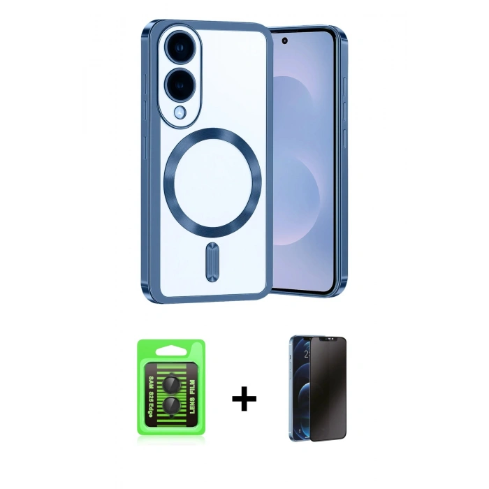 MARSİLYAN™- Galaxy S25 Edge Kılıf Nova Işık Özel Seri - Siyah 3D Antistatik Hayalet Cam Ekran Koruyucu + Raze Metal Kamera Lens - SH