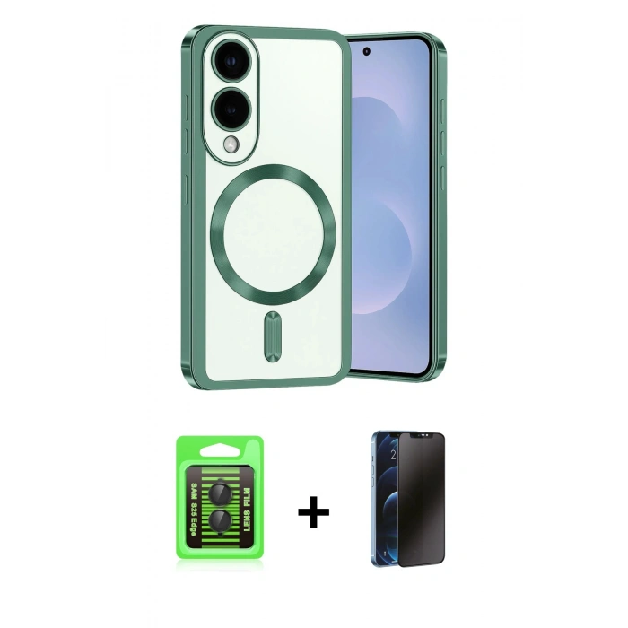 MARSİLYAN™- Galaxy S25 Edge Kılıf Nova Işık Özel Seri - Siyah 3D Antistatik Hayalet Cam Ekran Koruyucu + Raze Metal Kamera Lens - SH