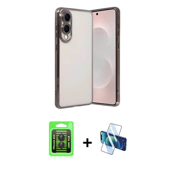 MARSİLYAN™- Galaxy S25 Edge Kılıf Vadi Minimal - Siyah 3D Antistatik Cam Ekran Koruyucu + Raze Metal Kamera Lens - SH