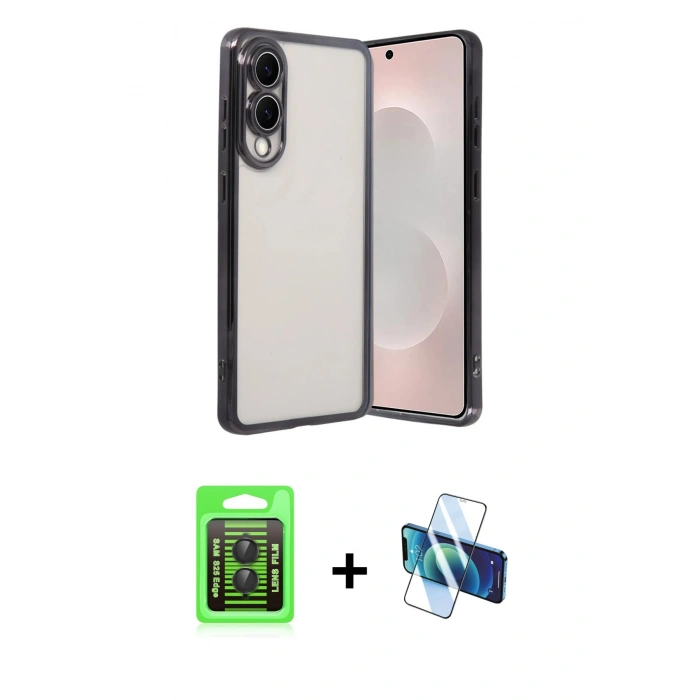 MARSİLYAN™- Galaxy S25 Edge Kılıf Vadi Minimal - Siyah 3D Antistatik Seramik Nano Ekran Koruyucu + Raze Metal Kamera Lens - SH