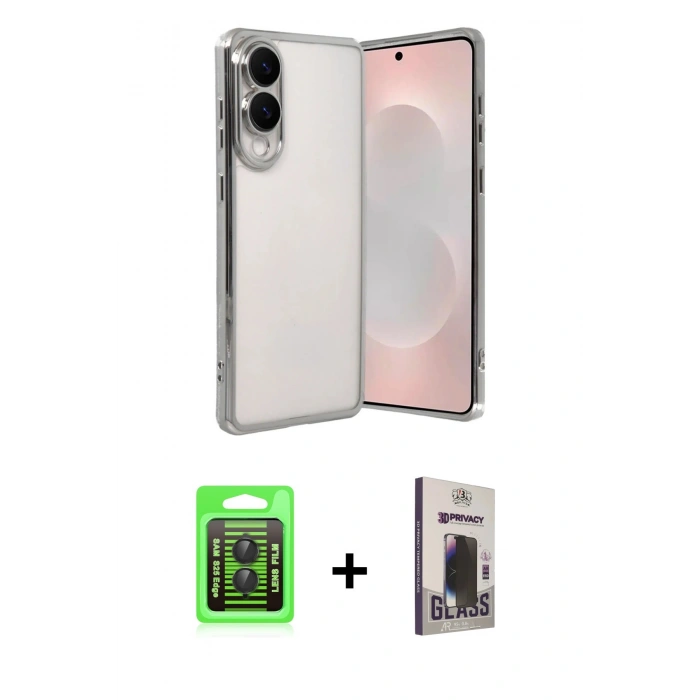 MARSİLYAN™- Galaxy S25 Edge Kılıf Vadi Minimal - Siyah Bilvis Hayalet Cam Ekran Koruyucu + Raze Metal Kamera Lens - SH