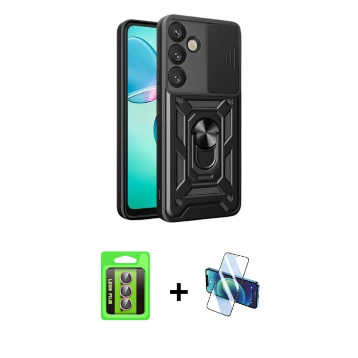 MARSİLYAN™- Galaxy S25 FE Kılıf Ahenk Klasik - Siyah 3D Antistatik Seramik Nano Ekran Koruyucu + Raze Metal Kamera Lens - PE