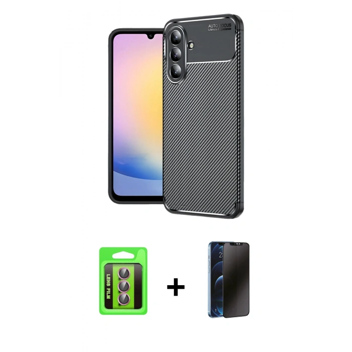 MARSİLYAN™- Galaxy S25 FE Kılıf Eksen Form Prime - Siyah 3D Antistatik Hayalet Cam Ekran Koruyucu + Raze Metal Kamera Lens - PE