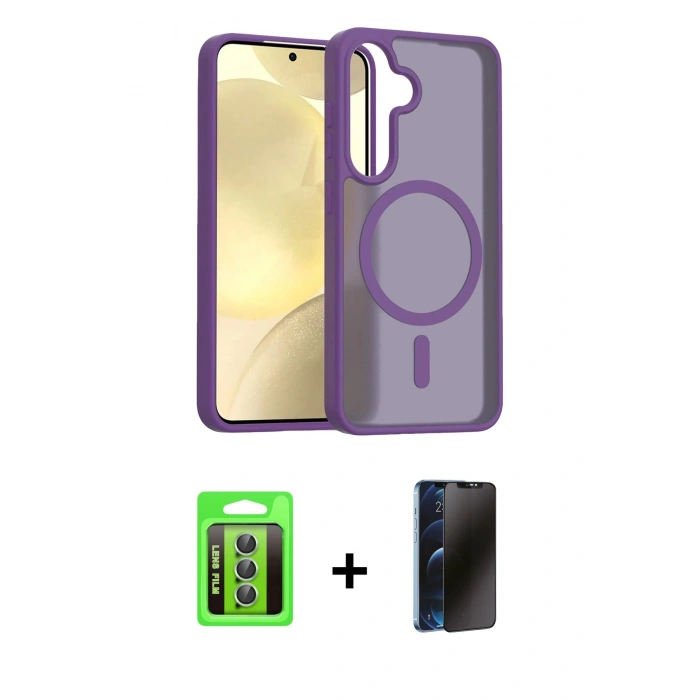 MARSİLYAN™- Galaxy S25 FE Kılıf Siluet Minimal Prime - Siyah 3D Antistatik Hayalet Cam Ekran Koruyucu + Raze Metal Kamera Lens - YL