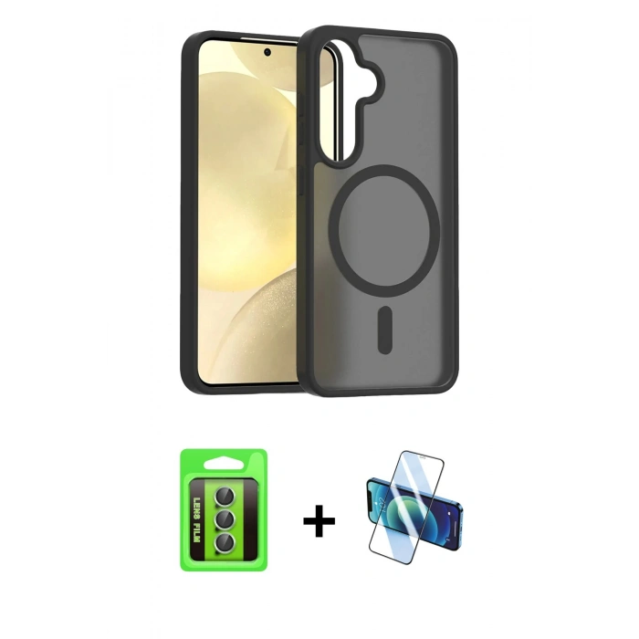 MARSİLYAN™- Galaxy S25 FE Kılıf Siluet Minimal Prime - Siyah 3D Antistatik Seramik Nano Ekran Koruyucu + Raze Metal Kamera Lens - YL