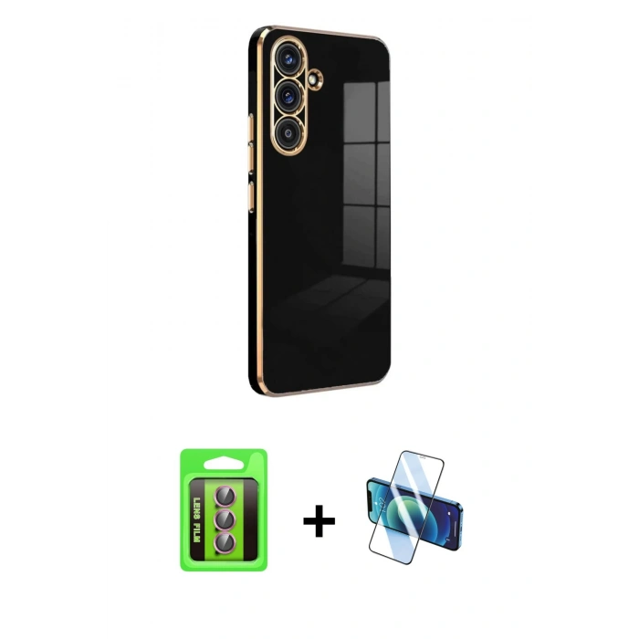 MARSİLYAN™- Galaxy S25 FE Kılıf Yankı Serisi - Siyah 3D Antistatik Seramik Nano Ekran Koruyucu + Raze Metal Kamera Lens - PE