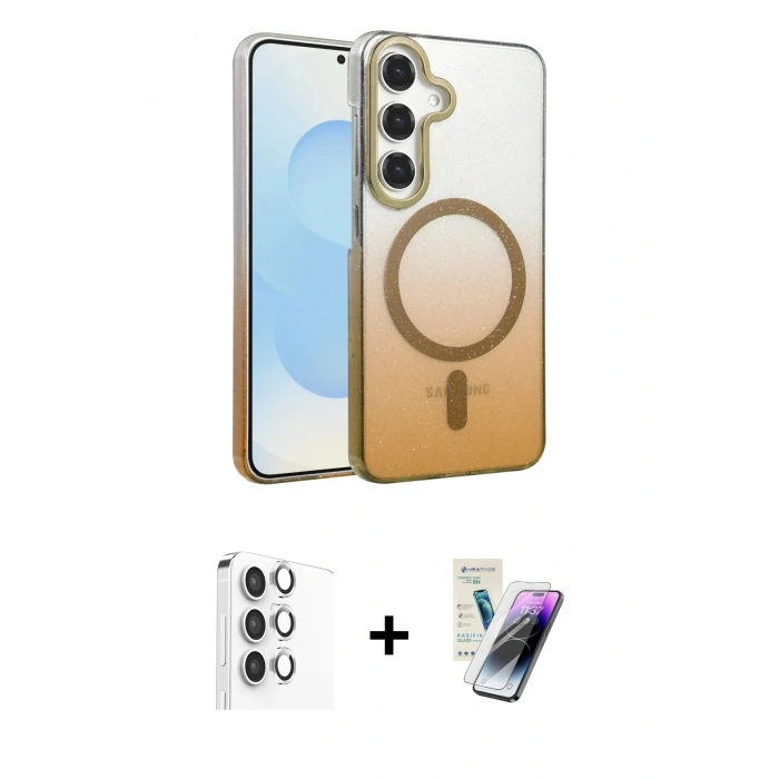 MARSİLYAN™- Galaxy S25 Kılıf Ahenk Doku Özel Seri - Şeffaf Pasifik Cam Ekran Koruyucu + Raze Metal Kamera Lens - GS