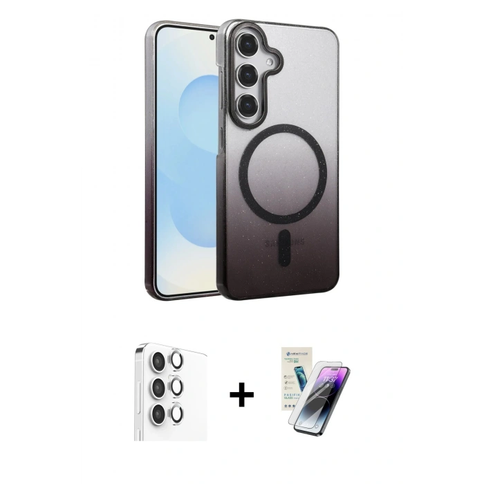 MARSİLYAN™- Galaxy S25 Kılıf Ahenk Doku Özel Seri - Şeffaf Pasifik Cam Ekran Koruyucu + Raze Metal Kamera Lens - GS