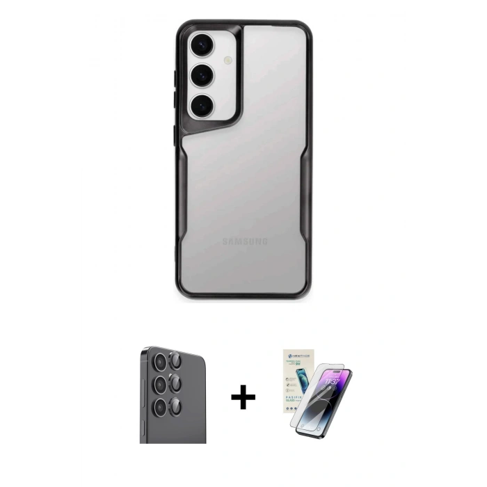 MARSİLYAN™- Galaxy S25 Kılıf Akış Çizgi Koleksiyonu - Şeffaf Pasifik Cam Ekran Koruyucu + Raze Metal Kamera Lens - SH