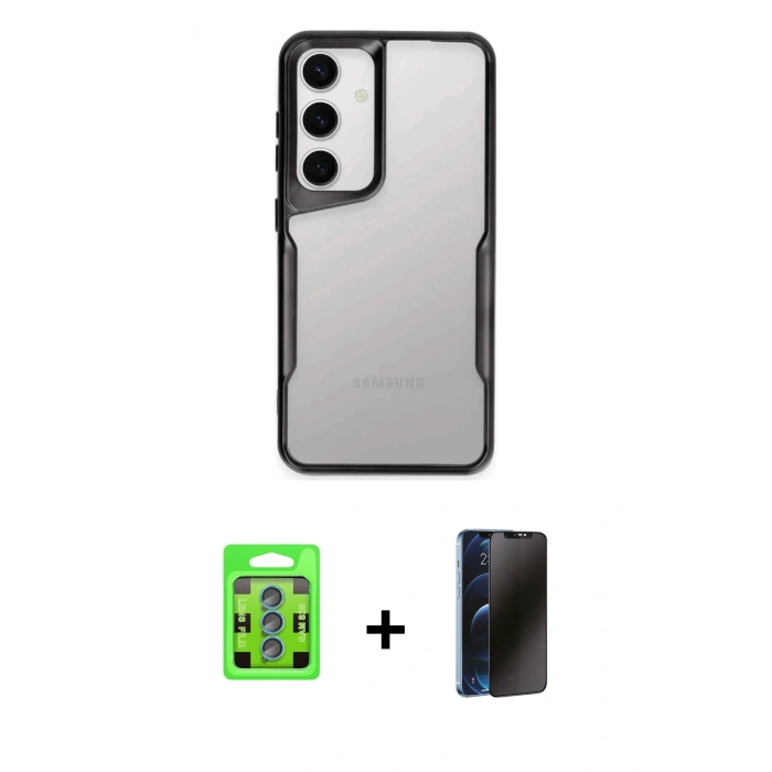 MARSİLYAN™- Galaxy S25 Kılıf Akış Çizgi Koleksiyonu - Siyah 3D Antistatik Hayalet Cam Ekran Koruyucu + Raze Metal Kamera Lens - MI