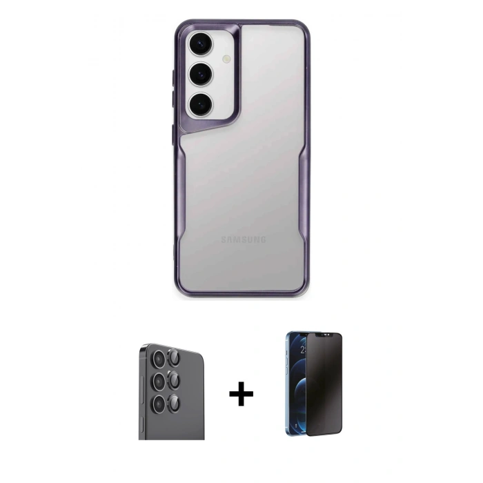 MARSİLYAN™- Galaxy S25 Kılıf Akış Çizgi Koleksiyonu - Siyah 3D Antistatik Hayalet Cam Ekran Koruyucu + Raze Metal Kamera Lens - SH
