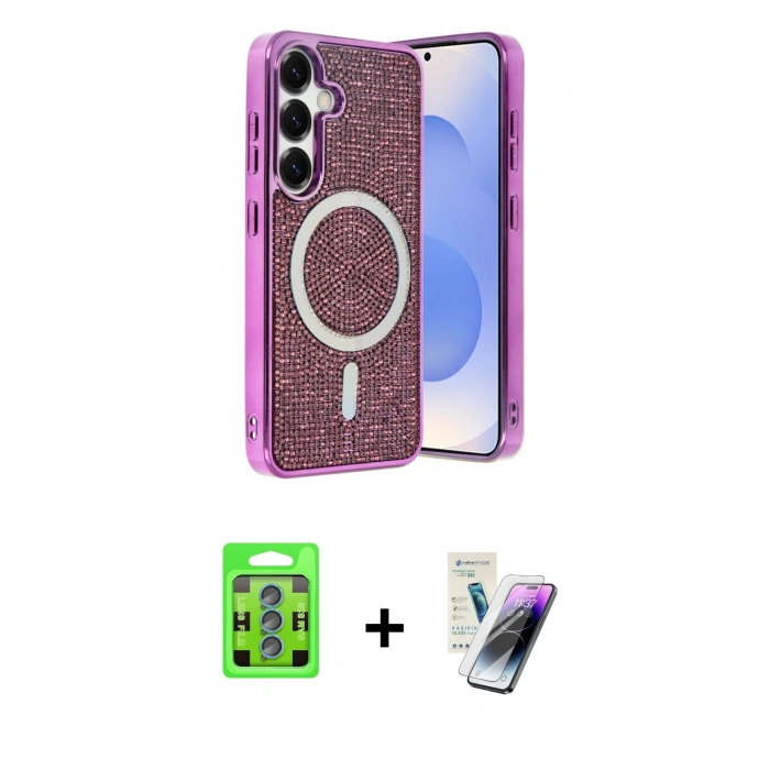 MARSİLYAN™- Galaxy S25 Kılıf Eksen Çizgi - Şeffaf Pasifik Cam Ekran Koruyucu + Raze Metal Kamera Lens - MI