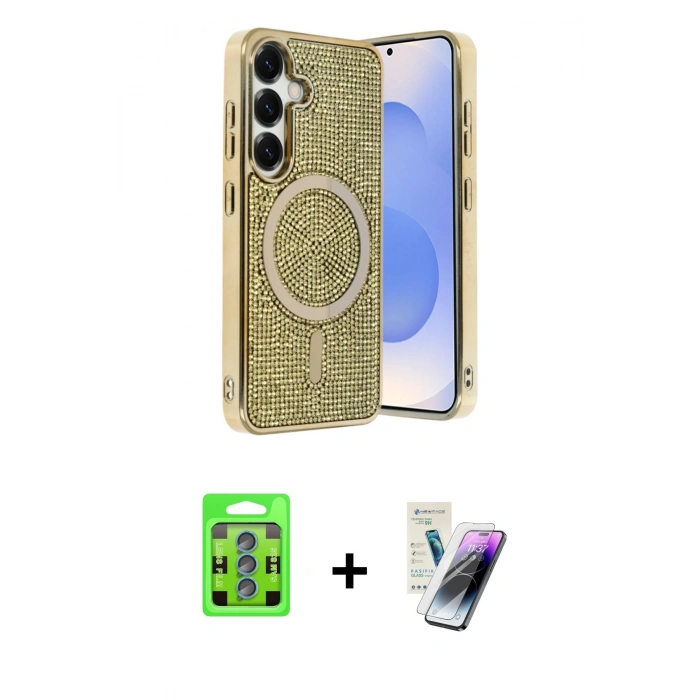 MARSİLYAN™- Galaxy S25 Kılıf Eksen Çizgi - Şeffaf Pasifik Cam Ekran Koruyucu + Raze Metal Kamera Lens - MI
