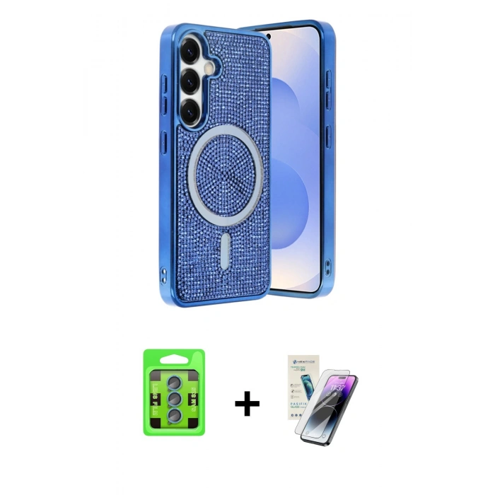 MARSİLYAN™- Galaxy S25 Kılıf Eksen Çizgi - Şeffaf Pasifik Cam Ekran Koruyucu + Raze Metal Kamera Lens - MI