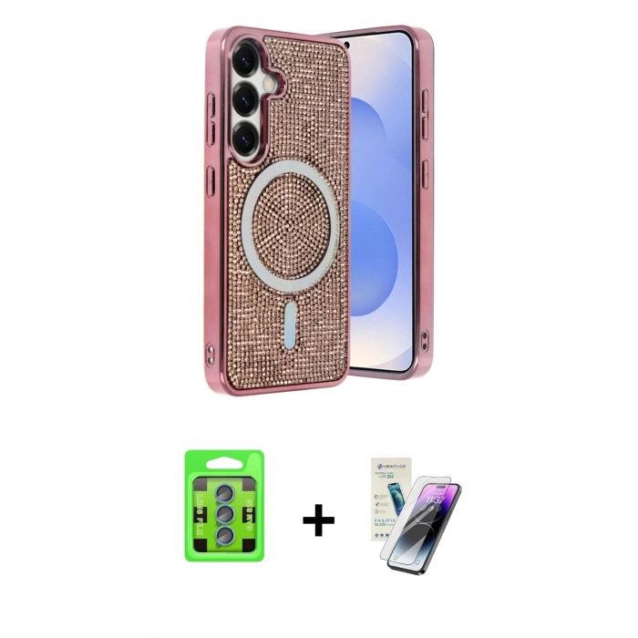 MARSİLYAN™- Galaxy S25 Kılıf Eksen Çizgi - Şeffaf Pasifik Cam Ekran Koruyucu + Raze Metal Kamera Lens - MI