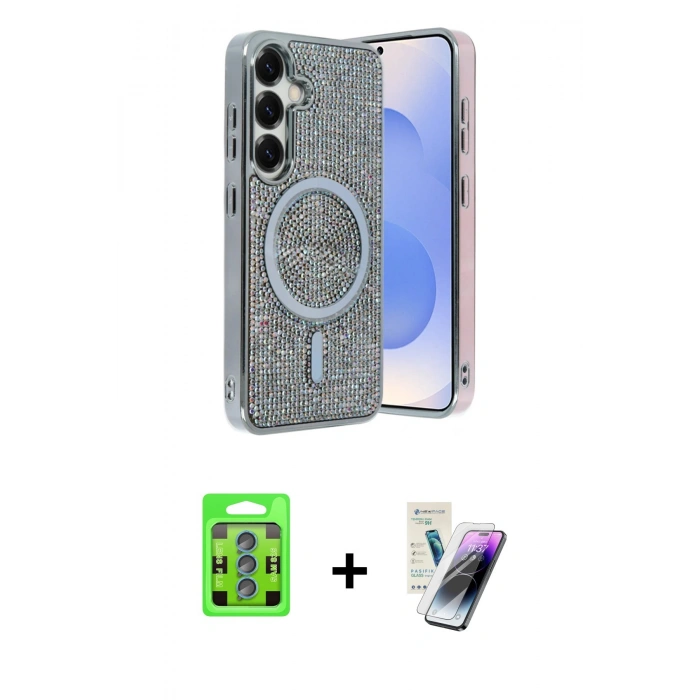 MARSİLYAN™- Galaxy S25 Kılıf Eksen Çizgi - Şeffaf Pasifik Cam Ekran Koruyucu + Raze Metal Kamera Lens - MI