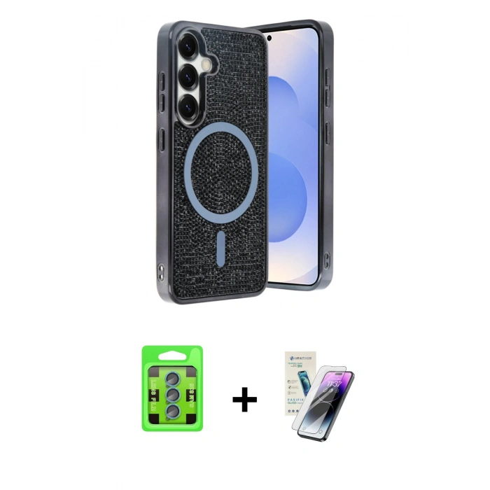 MARSİLYAN™- Galaxy S25 Kılıf Eksen Çizgi - Şeffaf Pasifik Cam Ekran Koruyucu + Raze Metal Kamera Lens - MI