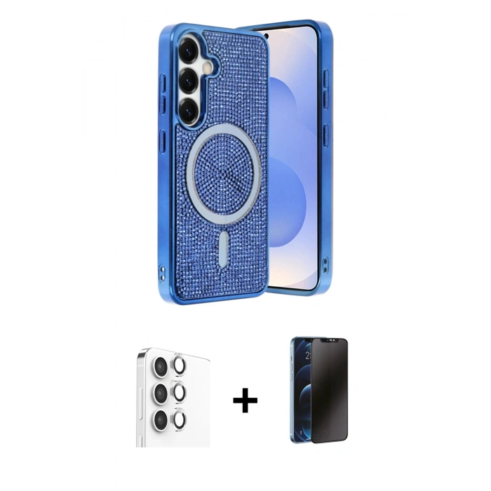 MARSİLYAN™- Galaxy S25 Kılıf Eksen Çizgi - Siyah 3D Antistatik Hayalet Cam Ekran Koruyucu + Raze Metal Kamera Lens - GS