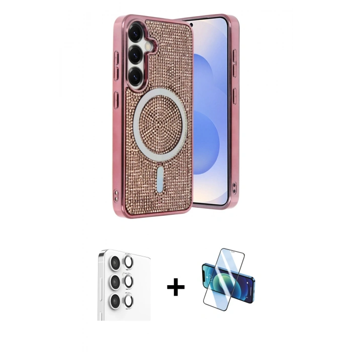 MARSİLYAN™- Galaxy S25 Kılıf Eksen Çizgi - Siyah 3D Antistatik Seramik Nano Ekran Koruyucu + Raze Metal Kamera Lens - GS