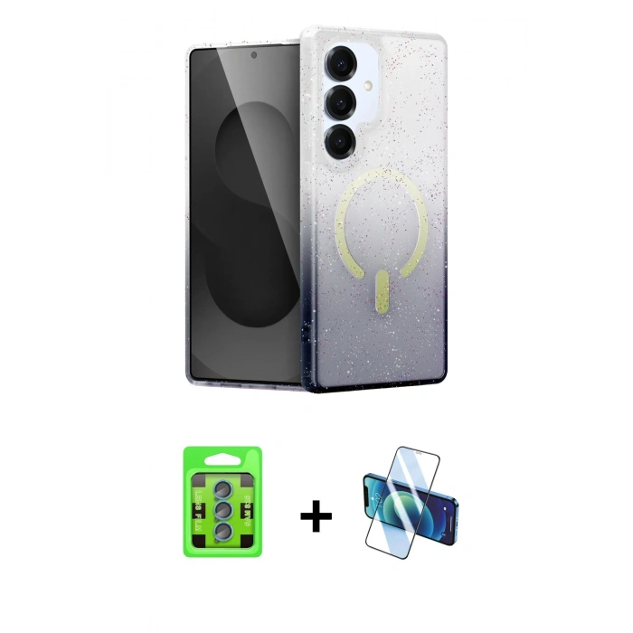MARSİLYAN™- Galaxy S25 Kılıf Eksen Minimal Özel Seri - Siyah 3D Antistatik Cam Ekran Koruyucu + Raze Metal Kamera Lens - MI