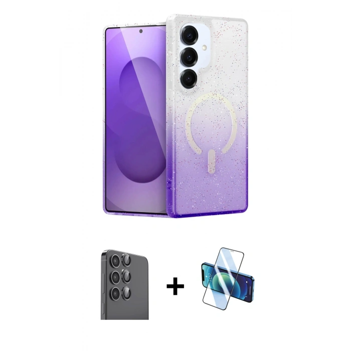 MARSİLYAN™- Galaxy S25 Kılıf Eksen Minimal Özel Seri - Siyah 3D Antistatik Cam Ekran Koruyucu + Raze Metal Kamera Lens - SH