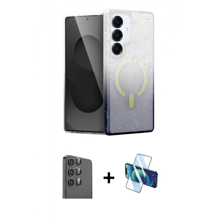 MARSİLYAN™- Galaxy S25 Kılıf Eksen Minimal Özel Seri - Siyah 3D Antistatik Cam Ekran Koruyucu + Raze Metal Kamera Lens - SH