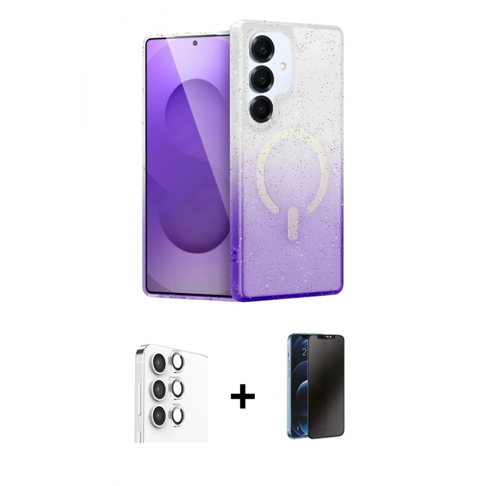 MARSİLYAN™- Galaxy S25 Kılıf Eksen Minimal Özel Seri - Siyah 3D Antistatik Hayalet Cam Ekran Koruyucu + Raze Metal Kamera Lens - GS