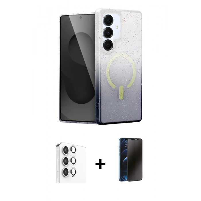 MARSİLYAN™- Galaxy S25 Kılıf Eksen Minimal Özel Seri - Siyah 3D Antistatik Hayalet Cam Ekran Koruyucu + Raze Metal Kamera Lens - GS