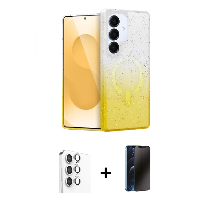 MARSİLYAN™- Galaxy S25 Kılıf Eksen Minimal Özel Seri - Siyah 3D Antistatik Hayalet Cam Ekran Koruyucu + Raze Metal Kamera Lens - GS