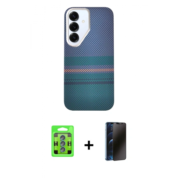 MARSİLYAN™- Galaxy S25 Kılıf Eksen Prime - Siyah 3D Antistatik Hayalet Cam Ekran Koruyucu + Raze Metal Kamera Lens - MI
