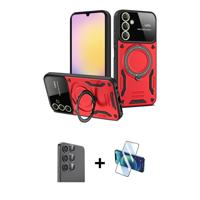 MARSİLYAN™- Galaxy S25 Kılıf Kıvılcım Modern Serisi - Siyah 3D Antistatik Cam Ekran Koruyucu + Raze Metal Kamera Lens - SH