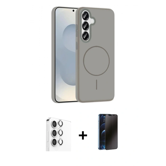 MARSİLYAN™- Galaxy S25 Kılıf Siluet Doku Özel Seri - Siyah 3D Antistatik Hayalet Cam Ekran Koruyucu + Raze Metal Kamera Lens - GS