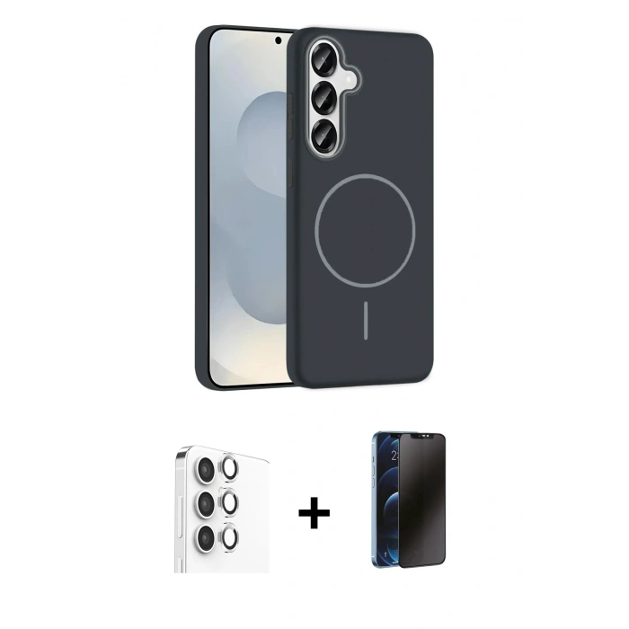 MARSİLYAN™- Galaxy S25 Kılıf Siluet Doku Özel Seri - Siyah 3D Antistatik Hayalet Cam Ekran Koruyucu + Raze Metal Kamera Lens - GS