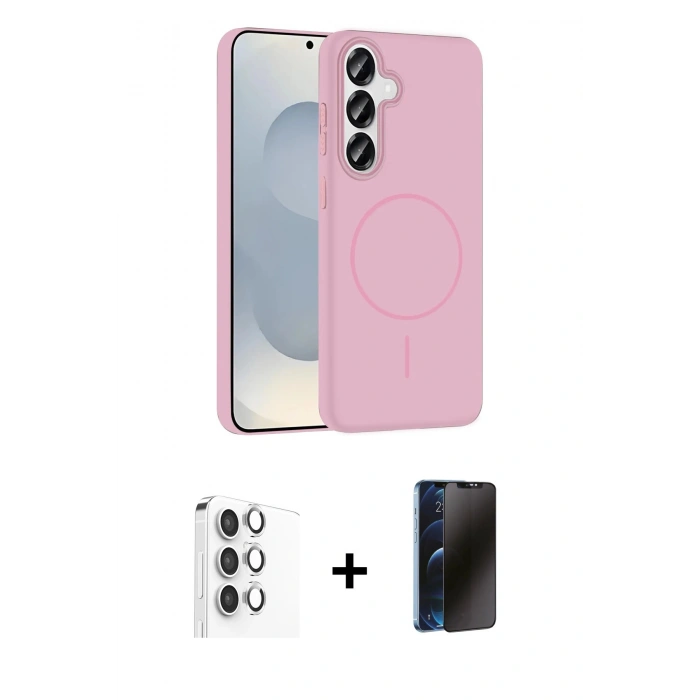 MARSİLYAN™- Galaxy S25 Kılıf Siluet Doku Özel Seri - Siyah 3D Antistatik Hayalet Cam Ekran Koruyucu + Raze Metal Kamera Lens - GS