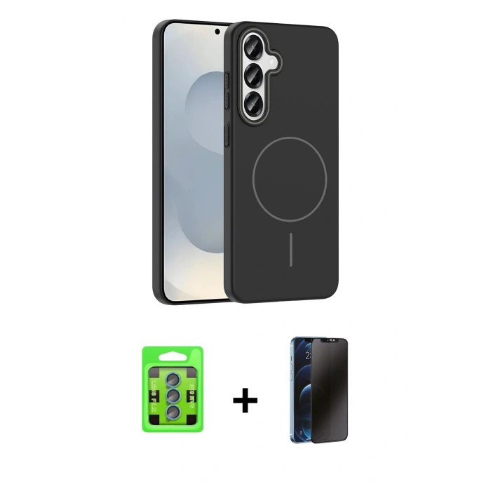 MARSİLYAN™- Galaxy S25 Kılıf Siluet Doku Özel Seri - Siyah 3D Antistatik Hayalet Cam Ekran Koruyucu + Raze Metal Kamera Lens - MI