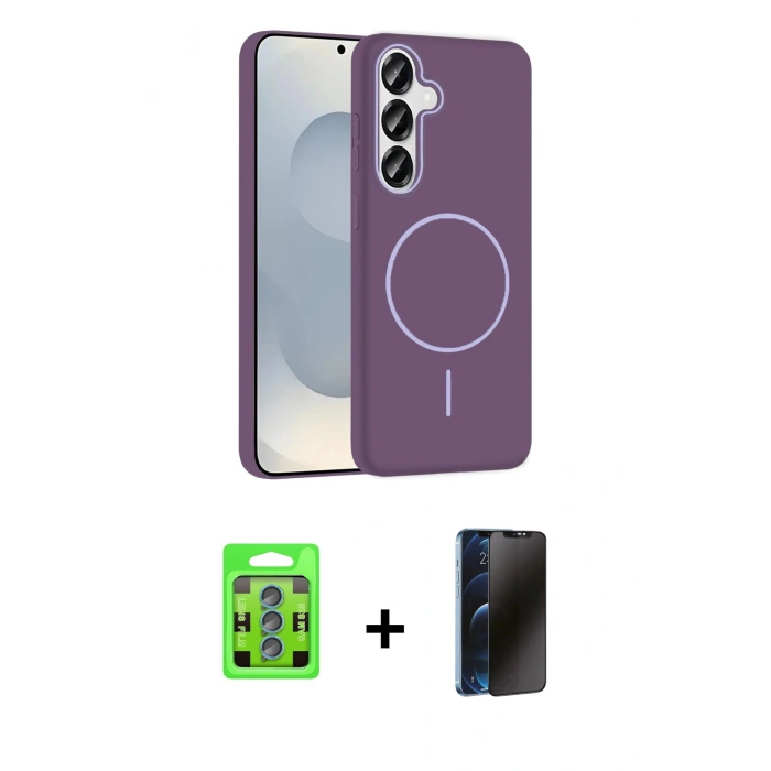 MARSİLYAN™- Galaxy S25 Kılıf Siluet Doku Özel Seri - Siyah 3D Antistatik Hayalet Cam Ekran Koruyucu + Raze Metal Kamera Lens - MI