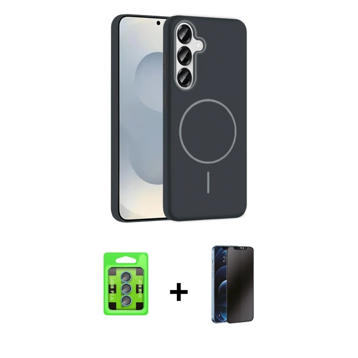 MARSİLYAN™- Galaxy S25 Kılıf Siluet Doku Özel Seri - Siyah 3D Antistatik Hayalet Cam Ekran Koruyucu + Raze Metal Kamera Lens - MI