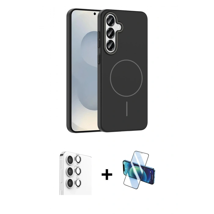 MARSİLYAN™- Galaxy S25 Kılıf Siluet Doku Özel Seri - Siyah 3D Antistatik Seramik Nano Ekran Koruyucu + Raze Metal Kamera Lens - GS