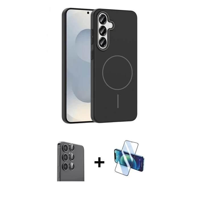 MARSİLYAN™- Galaxy S25 Kılıf Siluet Doku Özel Seri - Siyah 3D Antistatik Seramik Nano Ekran Koruyucu + Raze Metal Kamera Lens - SH