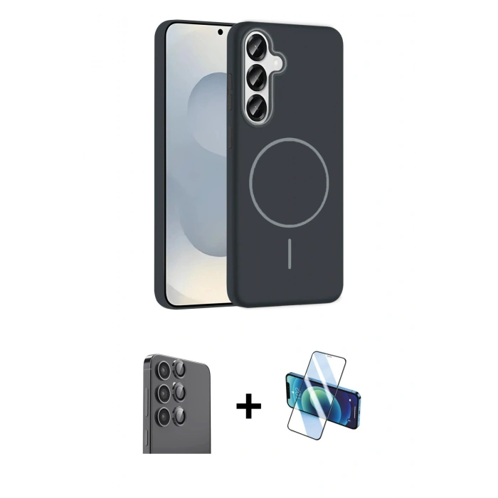 MARSİLYAN™- Galaxy S25 Kılıf Siluet Doku Özel Seri - Siyah 3D Antistatik Seramik Nano Ekran Koruyucu + Raze Metal Kamera Lens - SH