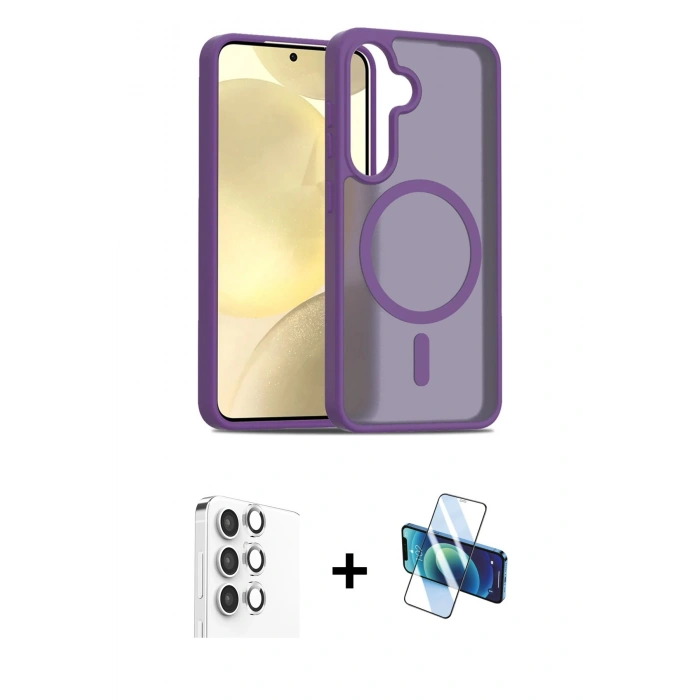 MARSİLYAN™- Galaxy S25 Kılıf Siluet Minimal Prime - Siyah 3D Antistatik Cam Ekran Koruyucu + Raze Metal Kamera Lens - GS