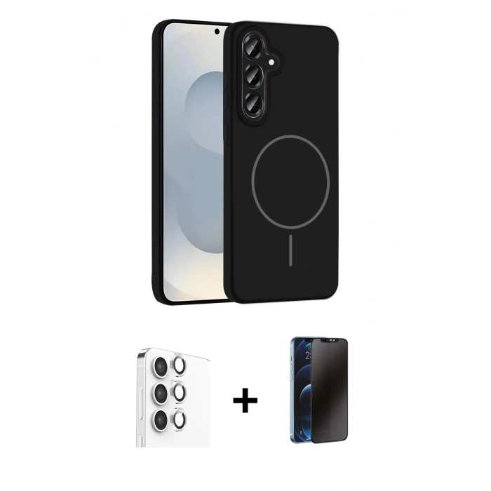 MARSİLYAN™- Galaxy S25 Kılıf Yankı Form Serisi - Siyah 3D Antistatik Hayalet Cam Ekran Koruyucu + Raze Metal Kamera Lens - GS