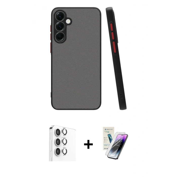 MARSİLYAN™- Galaxy S25 Plus Kılıf Ahenk Çizgi Serisi - Şeffaf Pasifik Cam Ekran Koruyucu + Gümüş Raze Metal Kamera Lens