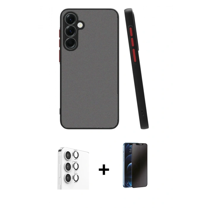 MARSİLYAN™- Galaxy S25 Plus Kılıf Ahenk Çizgi Serisi - Siyah 3D Antistatik Hayalet Cam Ekran Koruyucu + Raze Metal Kamera Lens - GS